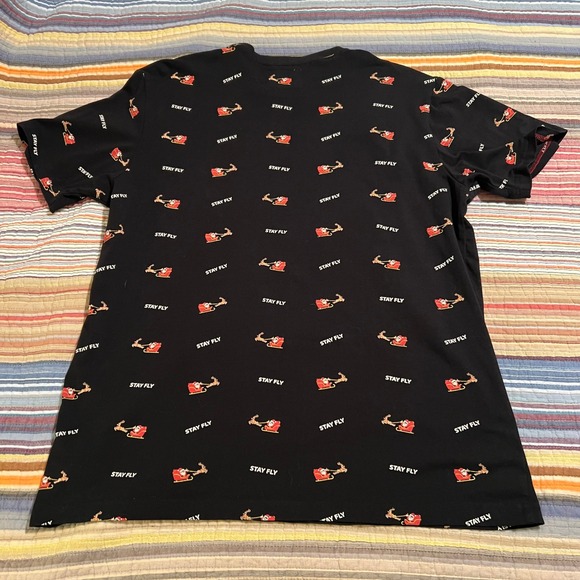 Free Planet Mens XL Black All Over Print Santa Sleigh Stay Fly Graphic T Shirt - Picture 2 of 8